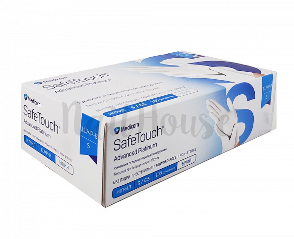 Рукавички нітрилові неопудрені Medicom SafeTouch Platinum White, розмір S, 100 шт №1